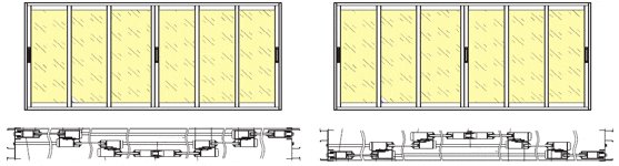 Схематический рисунок шестистворчатого окна на трёх направляющих и варианты расположения створок внутри.