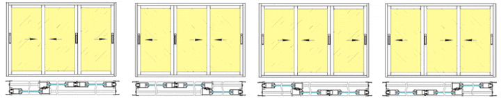 Схематический рисунок трёхстворчатого окна и варианты расположения створок внутри.