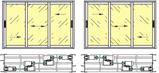 Схематический рисунок трёхстворчатого окна на трёх направляющих и варианты расположения створок внутри.